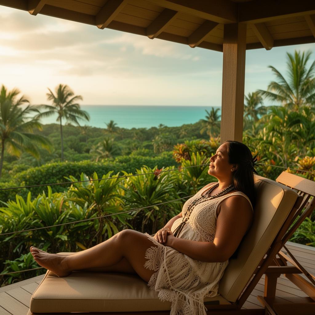 Pacific Islander woman surrounded by lush tropical greenery and warm Hawaiian light