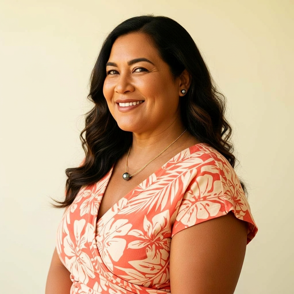 Confident mature Pacific Islander woman smiling, representing menopause vitality